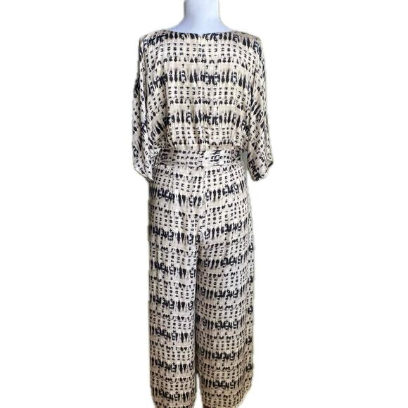 LAVENDER BROWN Ikat Print Belted Wide Leg Flutter Sleeve Jumpsuit Size M Black - Picture 5 of 13